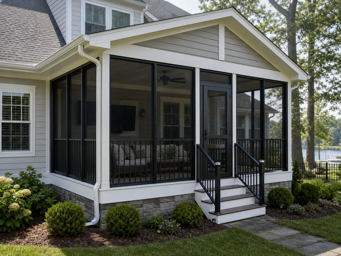New screen room exterior on a Lake Norman home